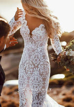 Boho Long Sleeves Court Train Lace Low Back Mermaid Wedding Dresses