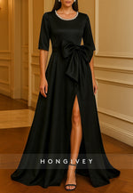 Pocket A-Line Evening Gown Formal Wedding Floor Length Half Sleeve Crew Neck Satin with Bow(s) Pearls