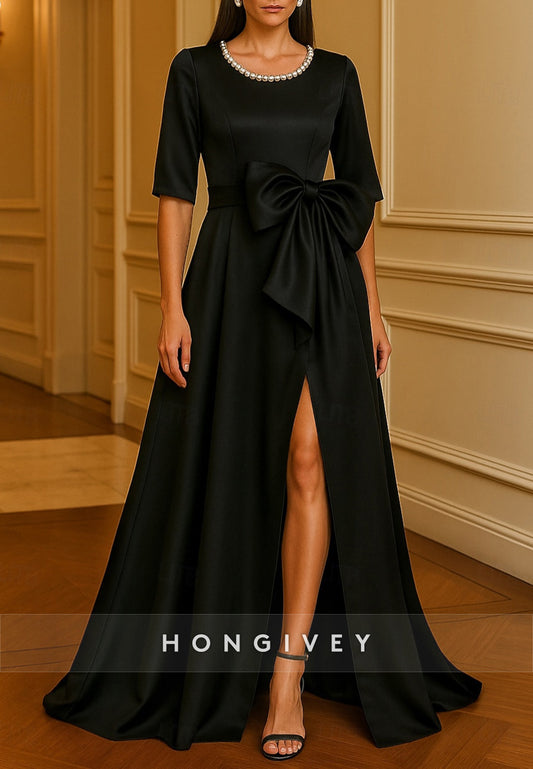 Pocket A-Line Evening Gown Formal Wedding Floor Length Half Sleeve Crew Neck Satin with Bow(s) Pearls