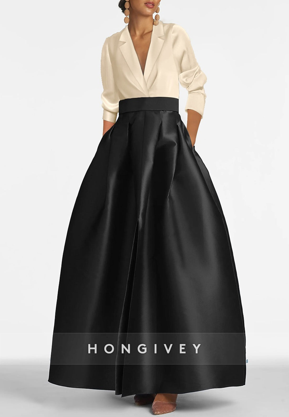 V-Neck A-Line 3/4 Sleeve Ankle-Length Satin Pleated Evening Gowns