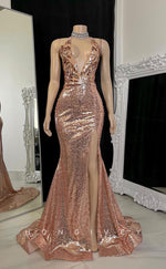 L2930 - Sexy Low V-Neck Halter Appliques Party Prom Evening Dress For Black Women