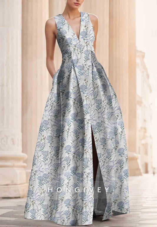 V-Neck Cap Straps Floor-Length Sleeveless A-Line Embroidery Evening Gown