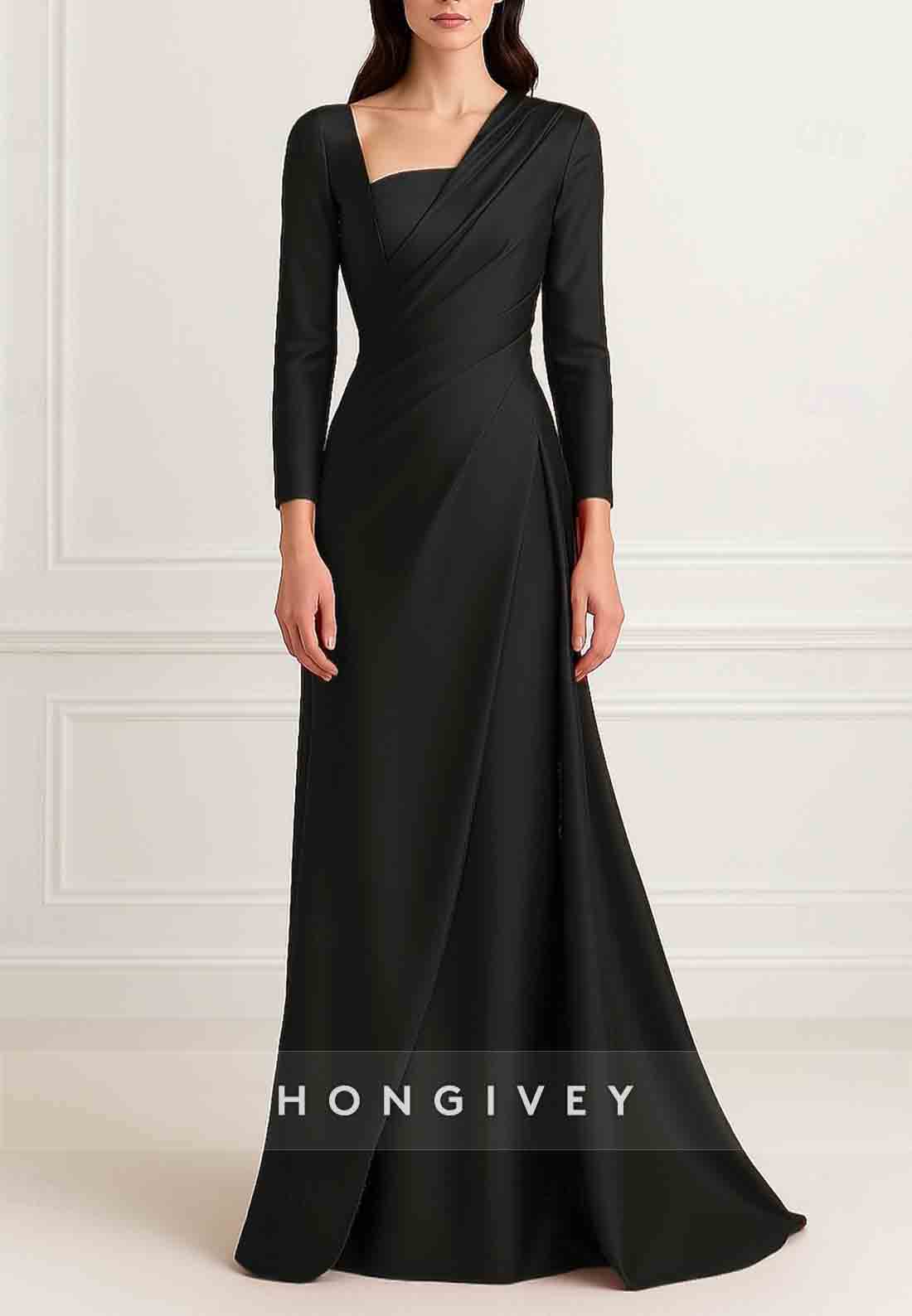 A-Line Evening Gown Formal Wedding Floor Length Long Sleeve Stretch Satin with Pleats Ruched