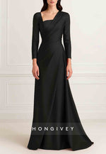 A-Line Evening Gown Formal Wedding Floor Length Long Sleeve Stretch Satin with Pleats Ruched