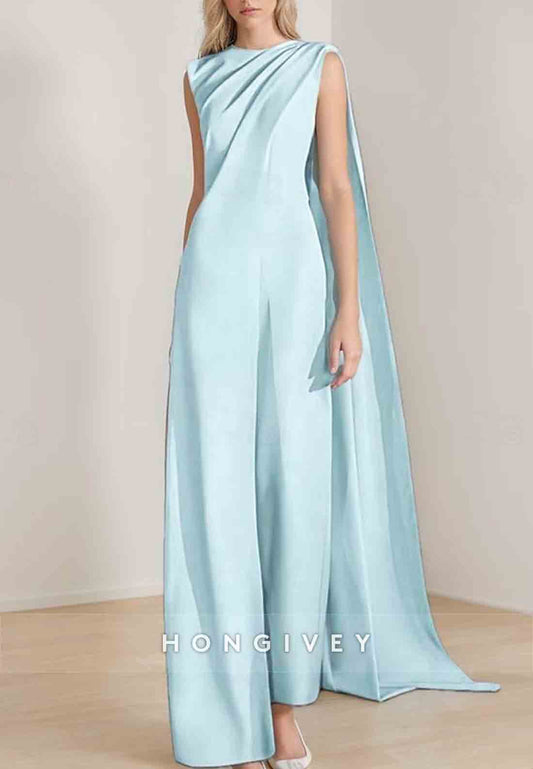 Sleeveless Evening Gowns Wedding Guest Jumpsuit Mother of Bride Dress with Cape