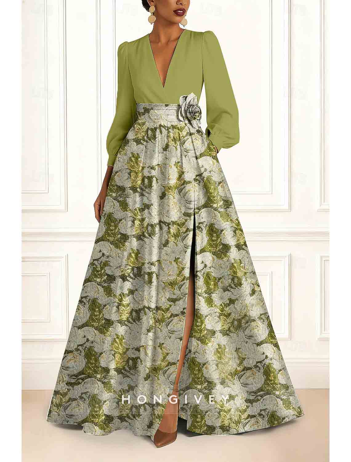 V-Neck Long Sleeve A-Line Flowers Slit Evening Dress