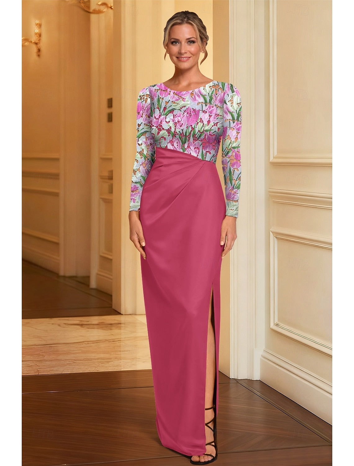 O-Neck Floral Print Long Sleeve Mermaid Side Slit Mother of the Bride Dress