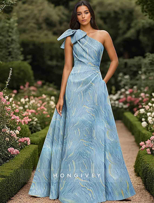 Blue One Shoulder A-line Bows Evening Dress