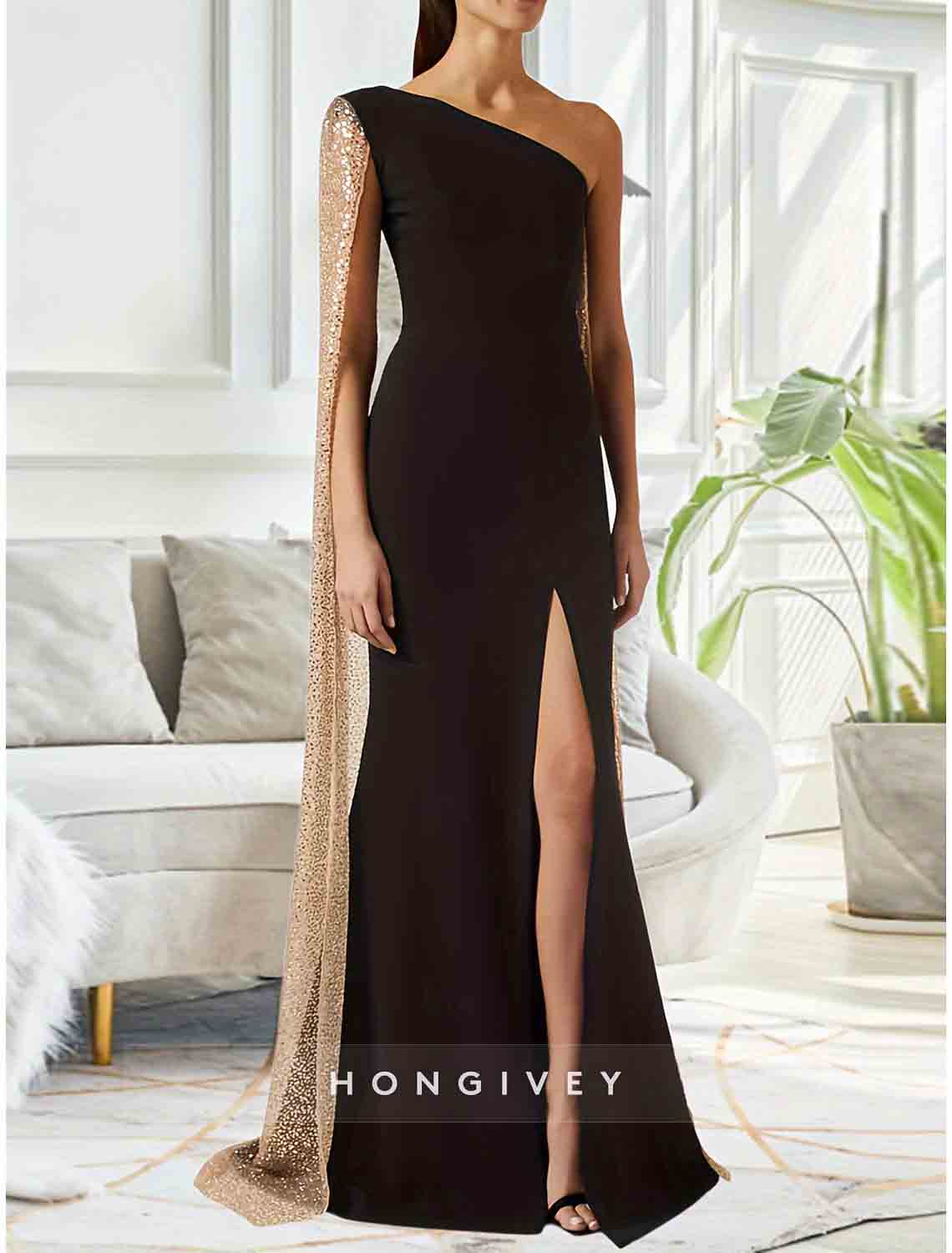 One Shoulder Mermaid Sequins Shawl Slit Evening Dress