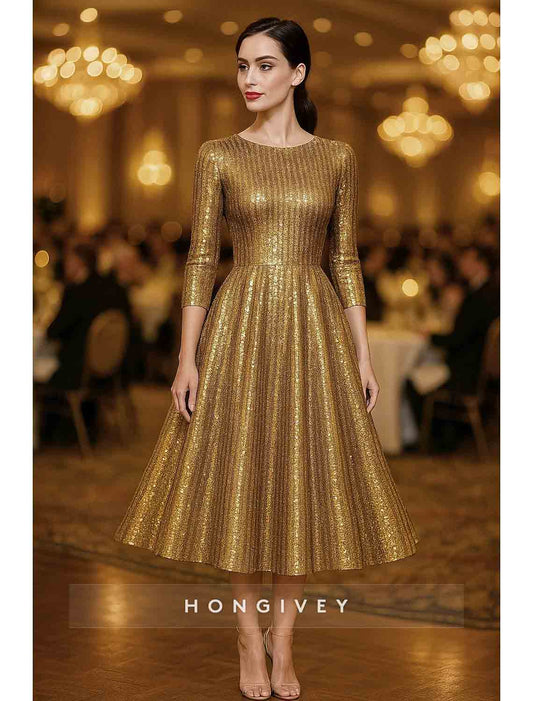 Glod O-Neck 3/4 Sleeve A-Line Tea-Lenght Evening dress