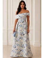 Blue Flowers Floral Print Off the Shoulder Sleeveless Mermaid Evening Dress
