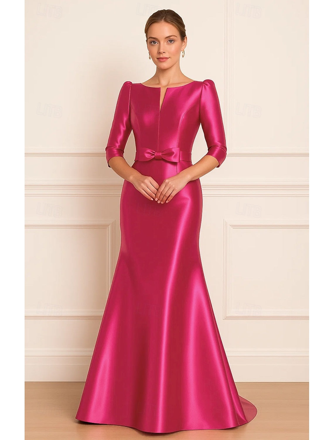 Bow Mermaid 3/4 Sleeve Floor-Length Formal Evening Dress