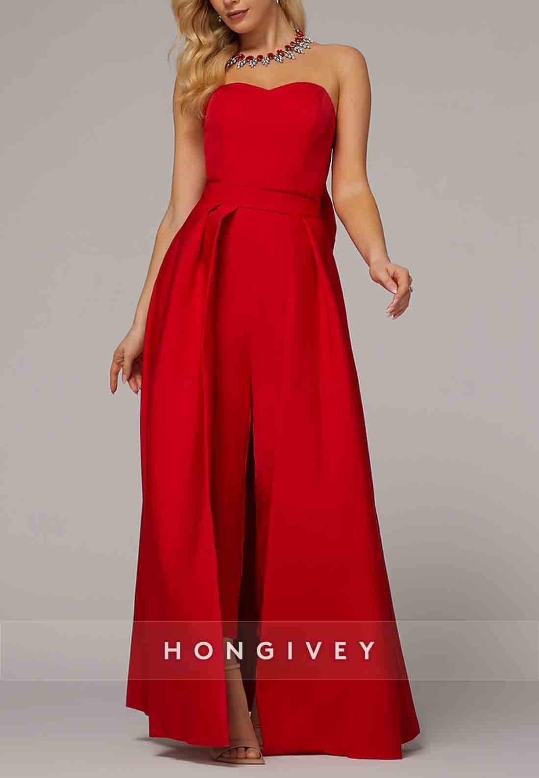 Jumpsuits Floor Length Red Sleeveless Sweetheart Evening Gown with Pocket