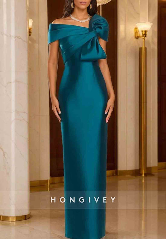 Column One Shoulder Satin Floor-Length Evening Gowns with Bowknot