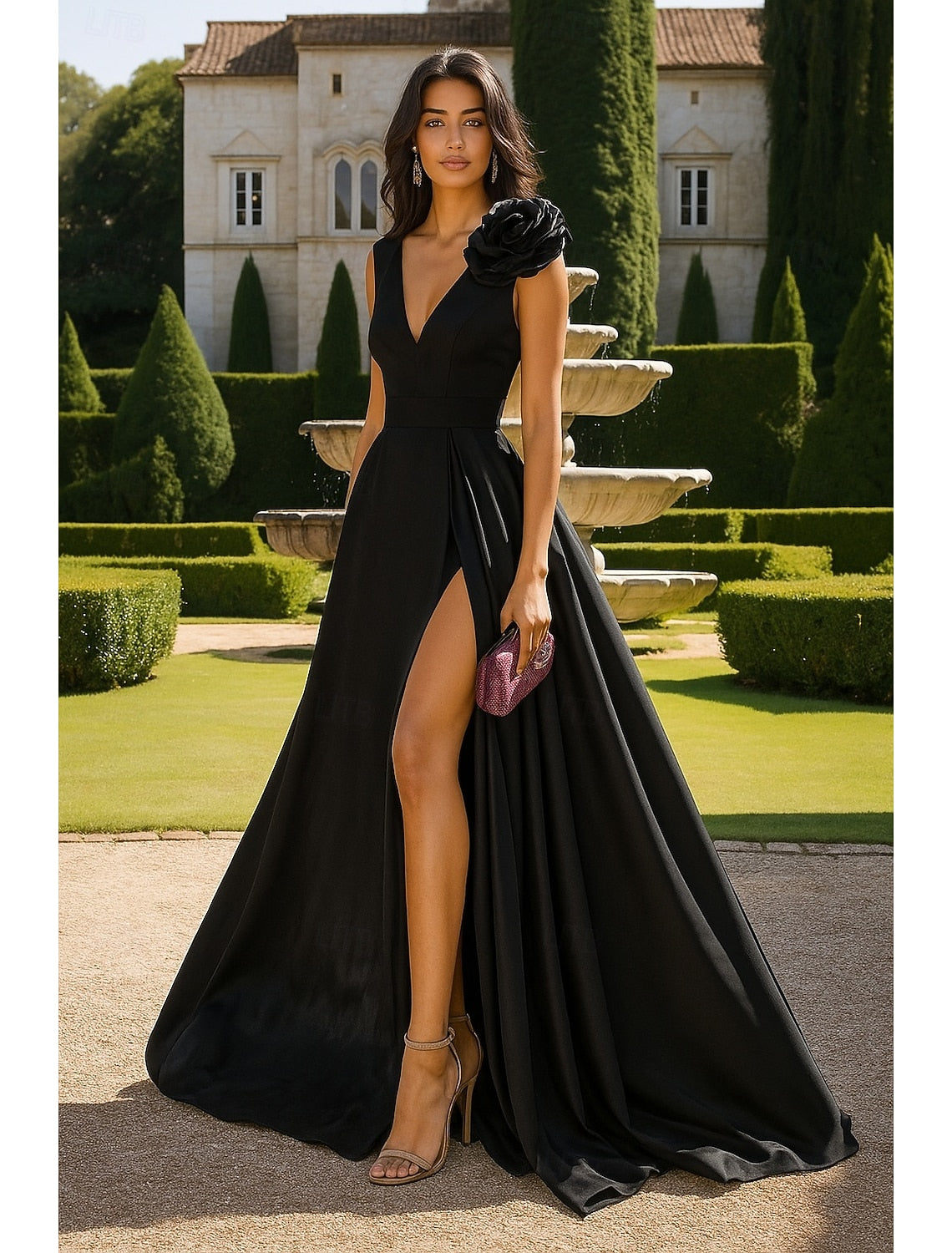 Flowers V-Neck Sleeveless A-Line Backless Side Slit Floor-Length Evening Dress
