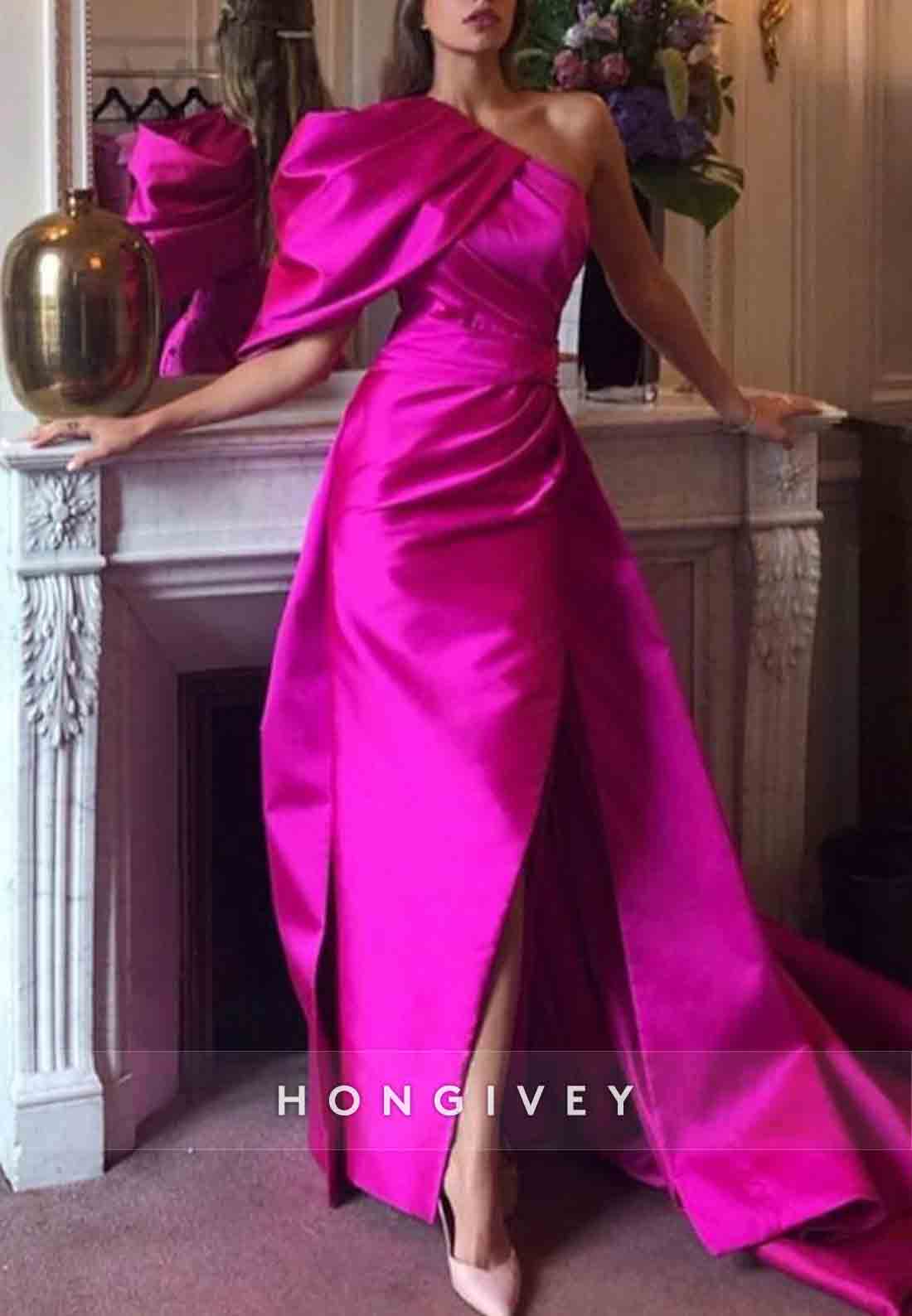 One Shoulder Fuchsia Satin Detachable Evening Gowns with Side Slit