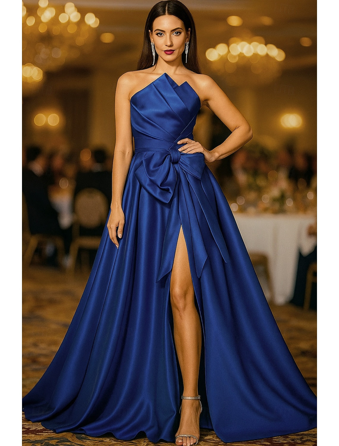 Bow Sleeveless A-Line Side Slit Flormal Evening Dress