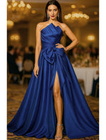 Bow Sleeveless A-Line Side Slit Flormal Evening Dress