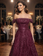 A-Line Floor-Length Off the Shoulder Glitter Evening Gowns with Beading