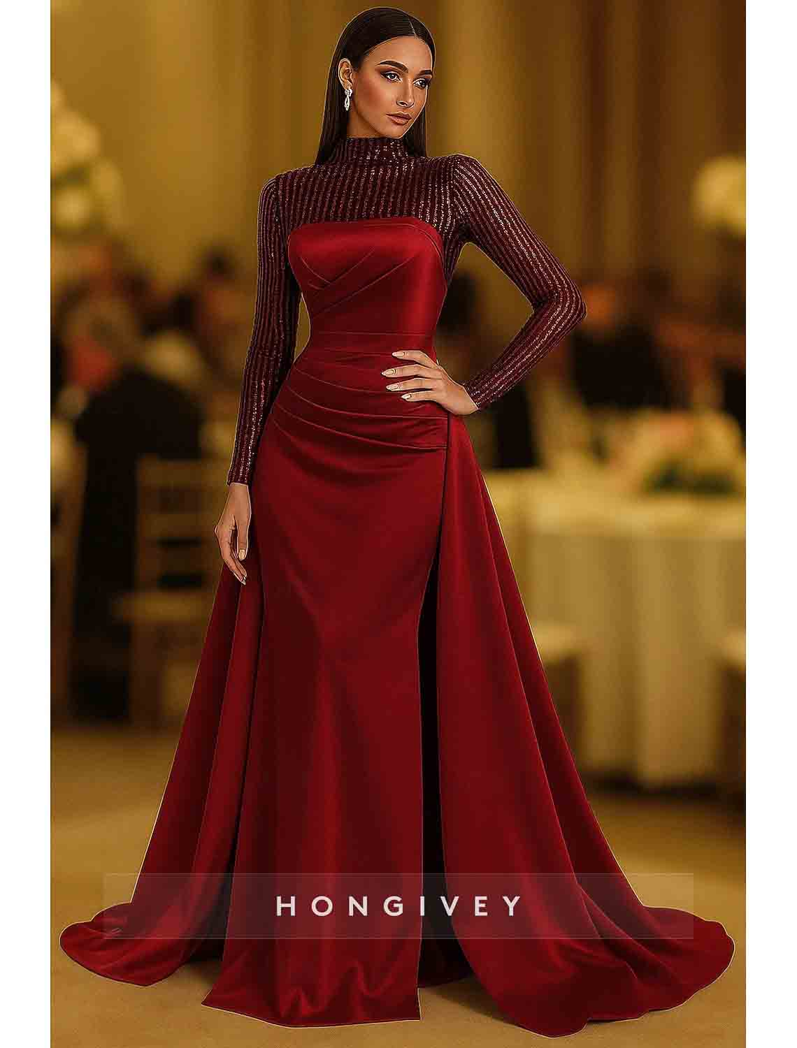 High Neck Long Sleeve Beading Sequined Evening Gown A-line