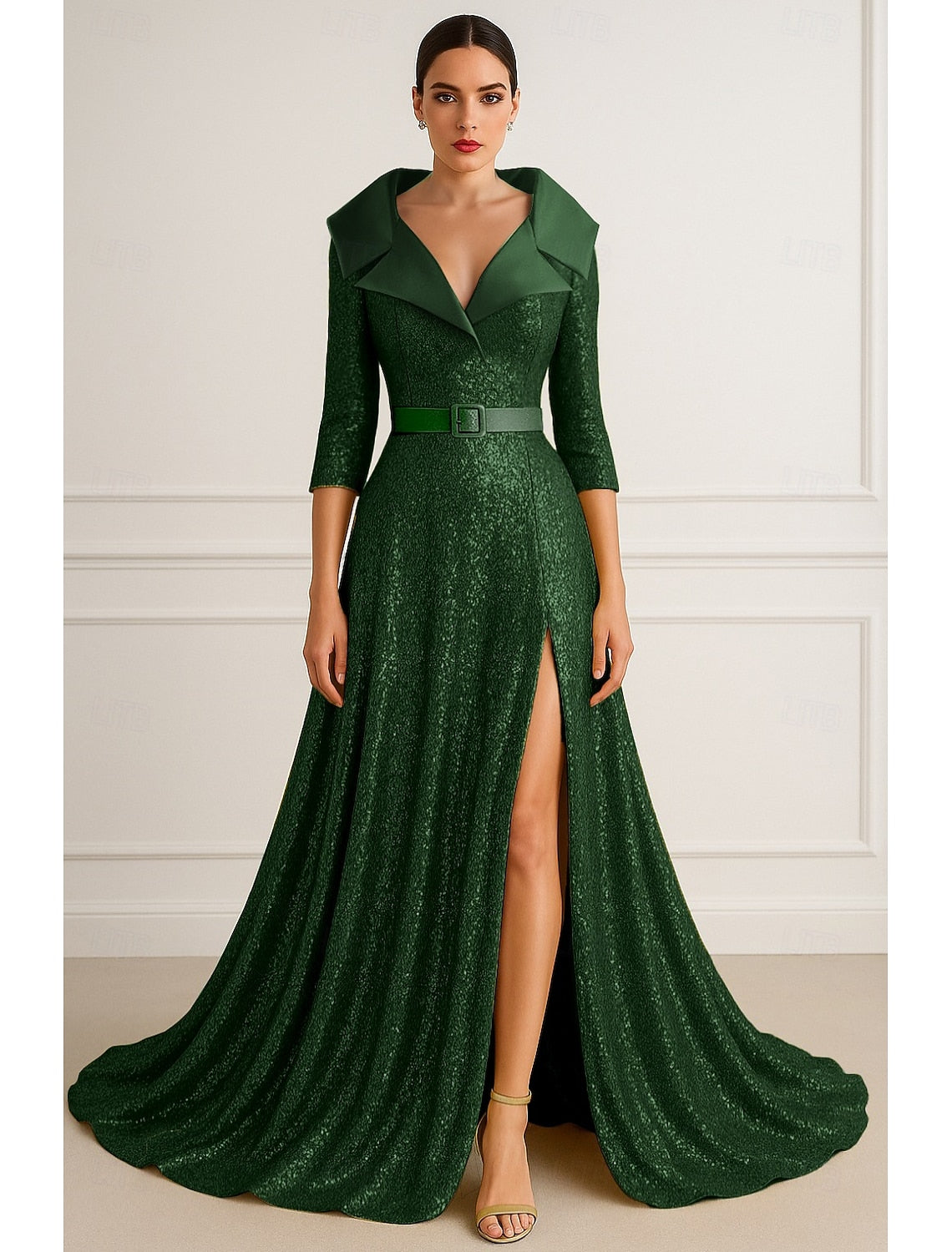 V-Neck Sequins Sparkle 3/4 Sleeve A-Line Floor-Length Evening Sleeve Side Slit