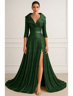 V-Neck Sequins Sparkle 3/4 Sleeve A-Line Floor-Length Evening Sleeve Side Slit