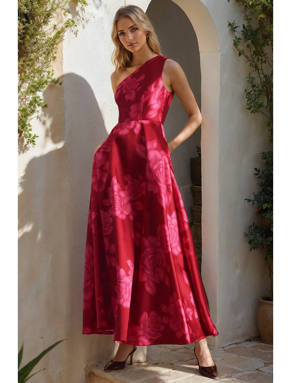 Floral Print One Shoulder Sleeve A-Line Ankle-Length Evening Dress
