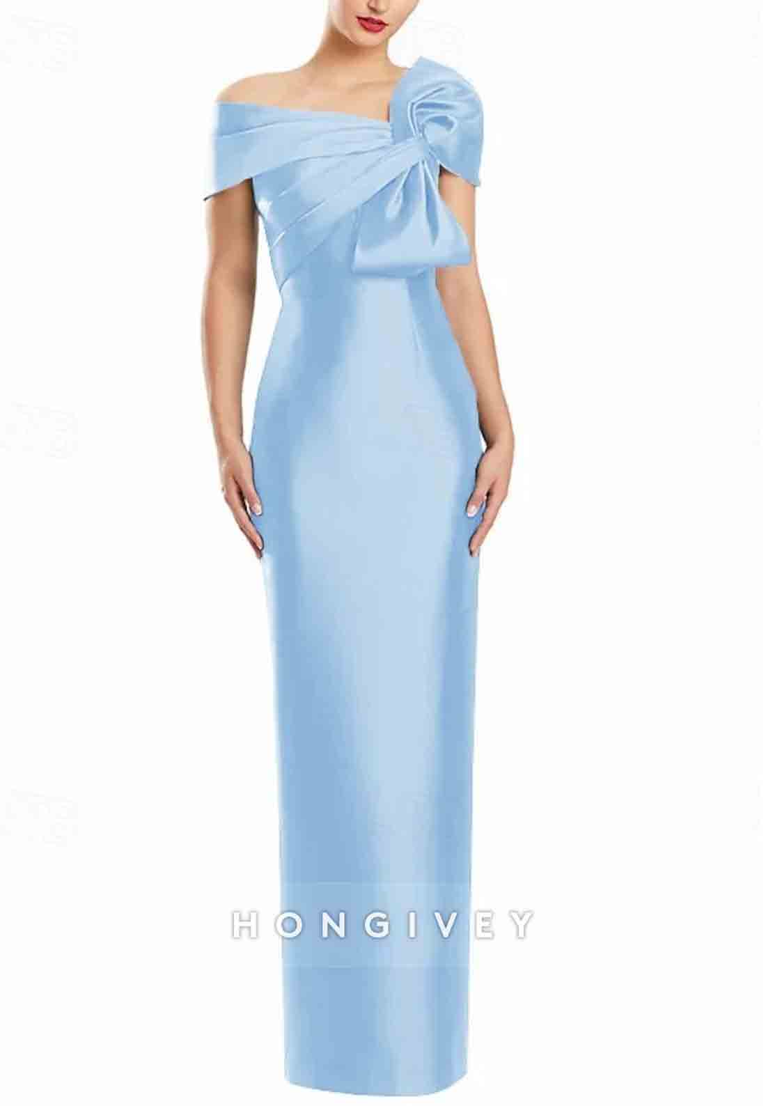 Column One Shoulder Satin Floor-Length Evening Gowns with Bowknot