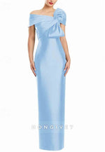 Column One Shoulder Satin Floor-Length Evening Gowns with Bowknot