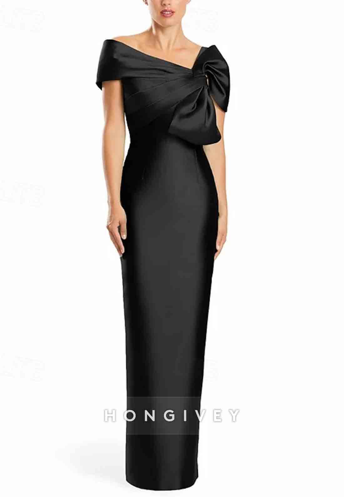 Column One Shoulder Satin Floor-Length Evening Gowns with Bowknot