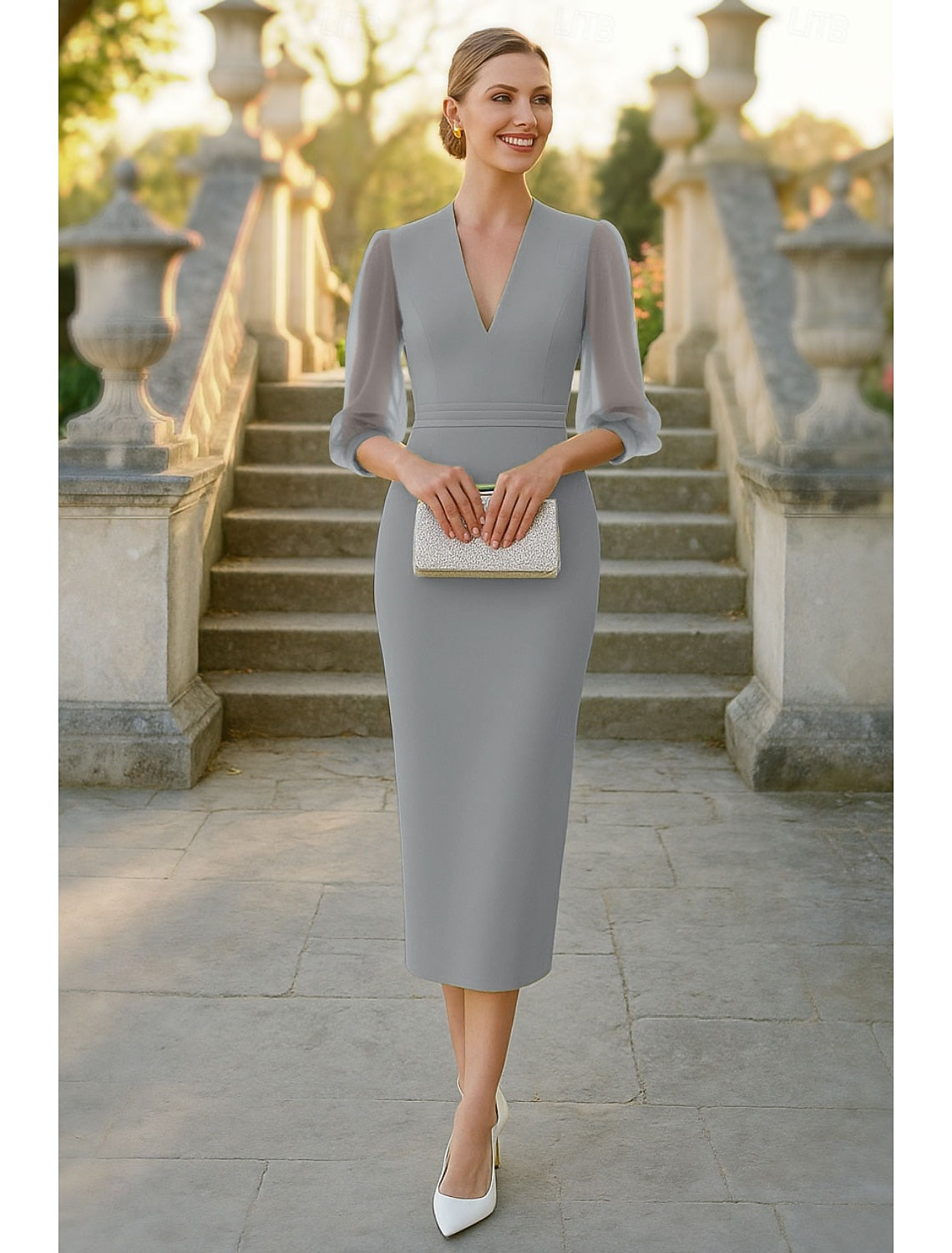 V-Neck Long Sleeve Mermaid Tea-Length Formal Evening Dress