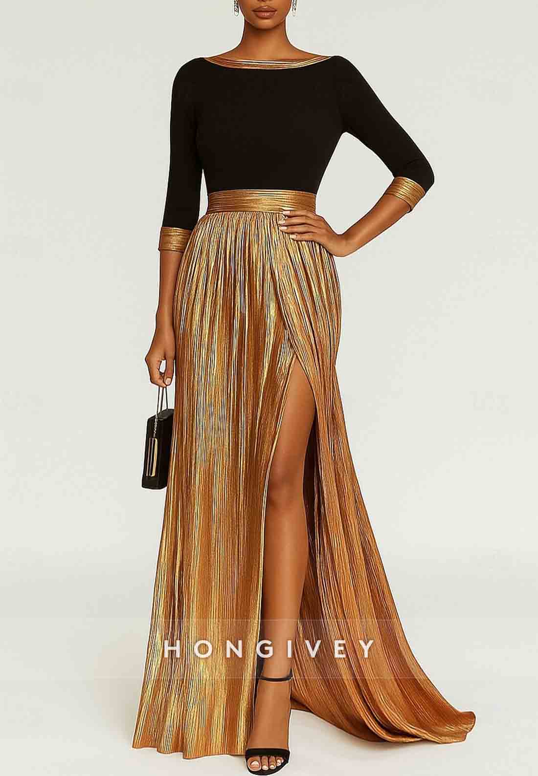 A-Line Black Gold Half Sleeves Floor Length Evening Gown with High Slit