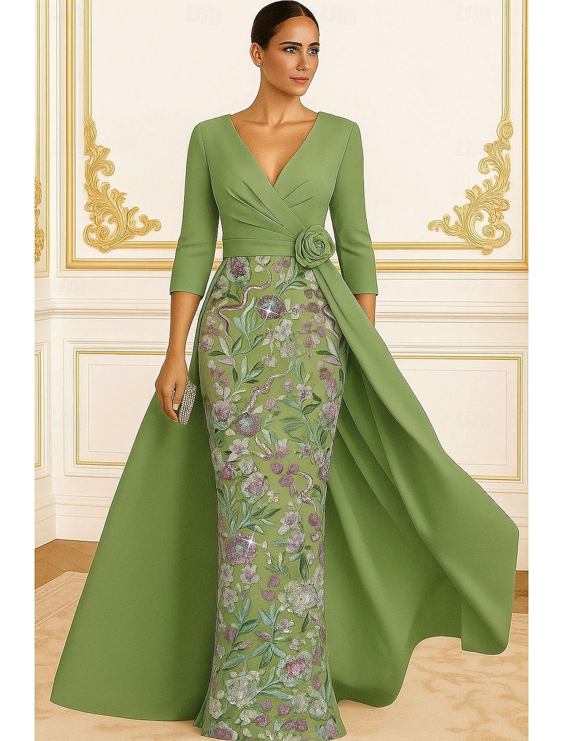 Green V-Neck Flower Floral Print 3/4 Sleeve Mermaid Floor-Length Evening Dress