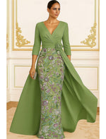 Green V-Neck Flower Floral Print 3/4 Sleeve Mermaid Floor-Length Evening Dress