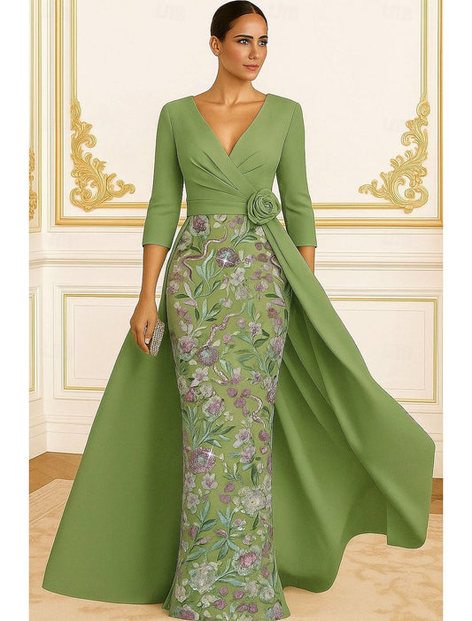 Green V-Neck Flower Floral Print 3/4 Sleeve Mermaid Floor-Length Evening Dress