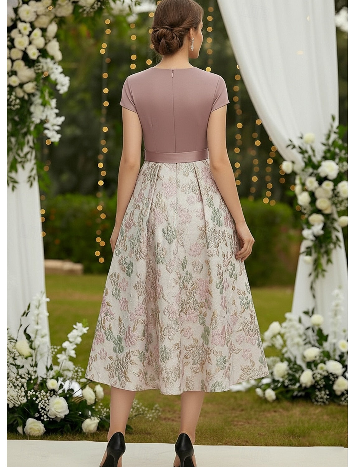 Bow Sleeveless A-Line Floral Print Tea-Length Evening Dress