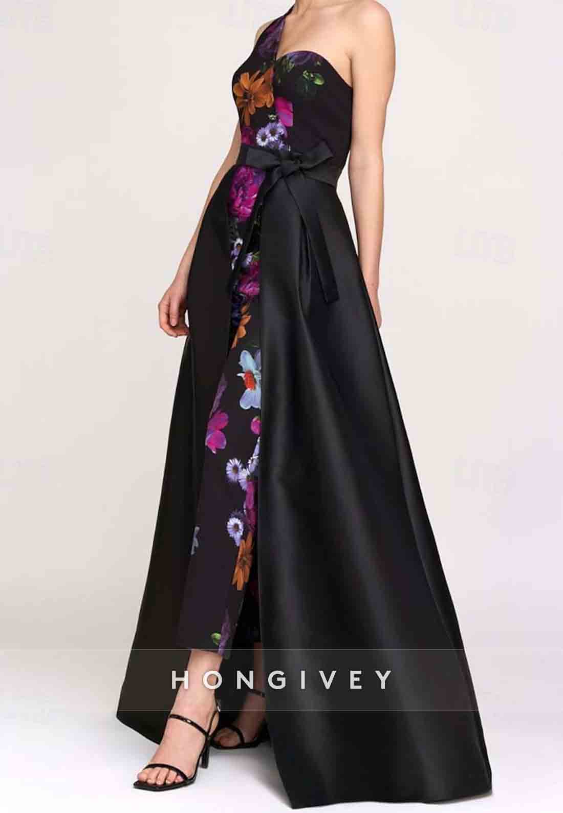 One Shoulder Detachable Floral Print Satin Jumpsuit Mother of the Bride Dress with Pockets and Ribbon