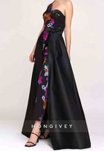 One Shoulder Detachable Floral Print Satin Jumpsuit Mother of the Bride Dress with Pockets and Ribbon