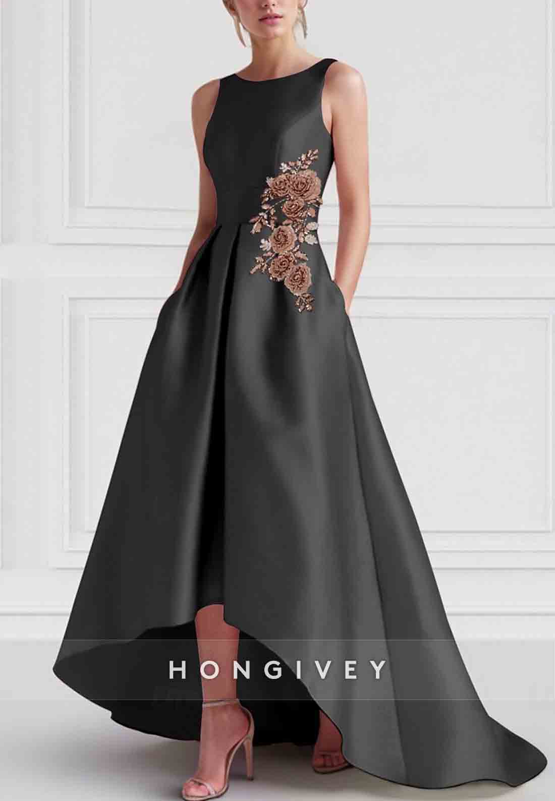 Asymmetrical Sleeveless Floral Satin Evening Gown Wedding Guest with Embroidery Appliques Dresses