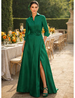 3/4 Sleeve Flowers A-Line Side Slit Flowers Evening Dress