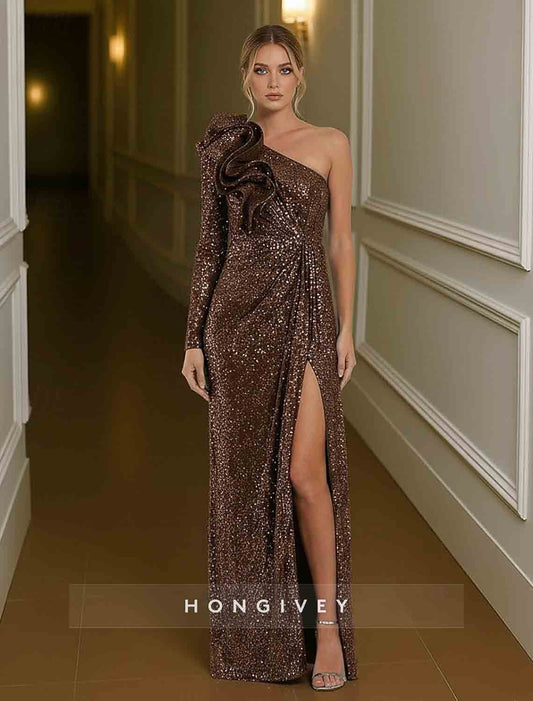 One Should Long Sleeve Mermaid Evening Dress Slit