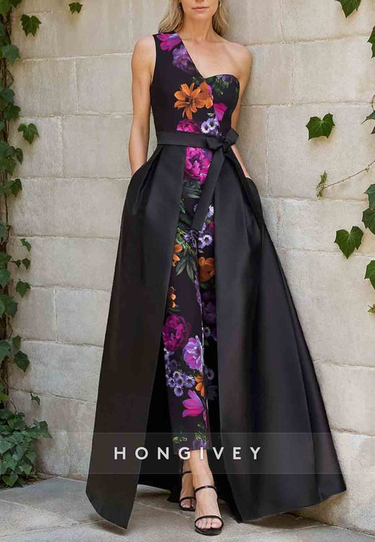 One Shoulder Detachable Floral Print Satin Jumpsuit Mother of the Bride Dress with Pockets and Ribbon