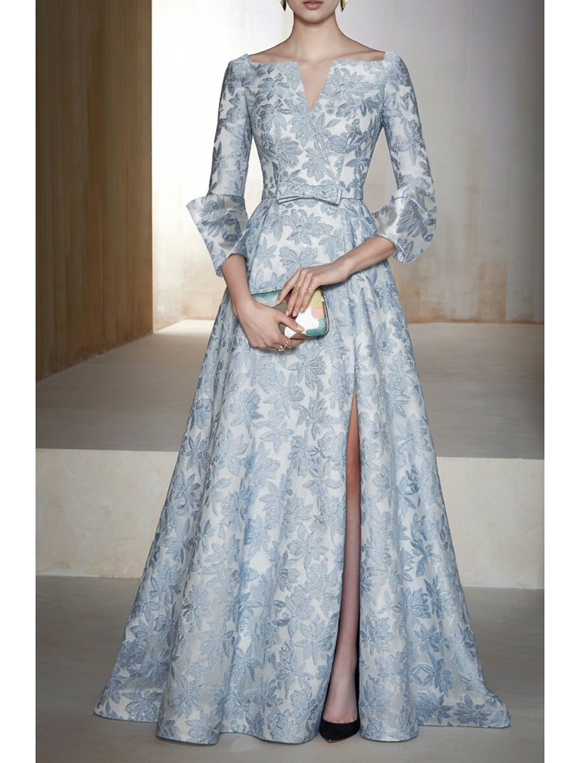 Floral Print Flowers Long Sleeve A-Line Side Slit Evening Dress