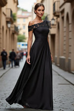 Burgundy A-Line Asymmetrical Neck Long Mother Of Bride Dress with Appliques