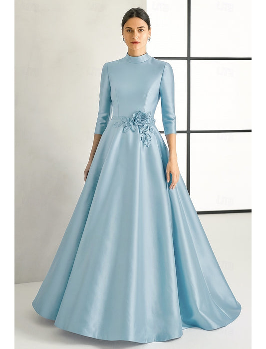 High Neck 3/4 Sleeve A-Line Applique Evening Dress Mother of the Bride Dress