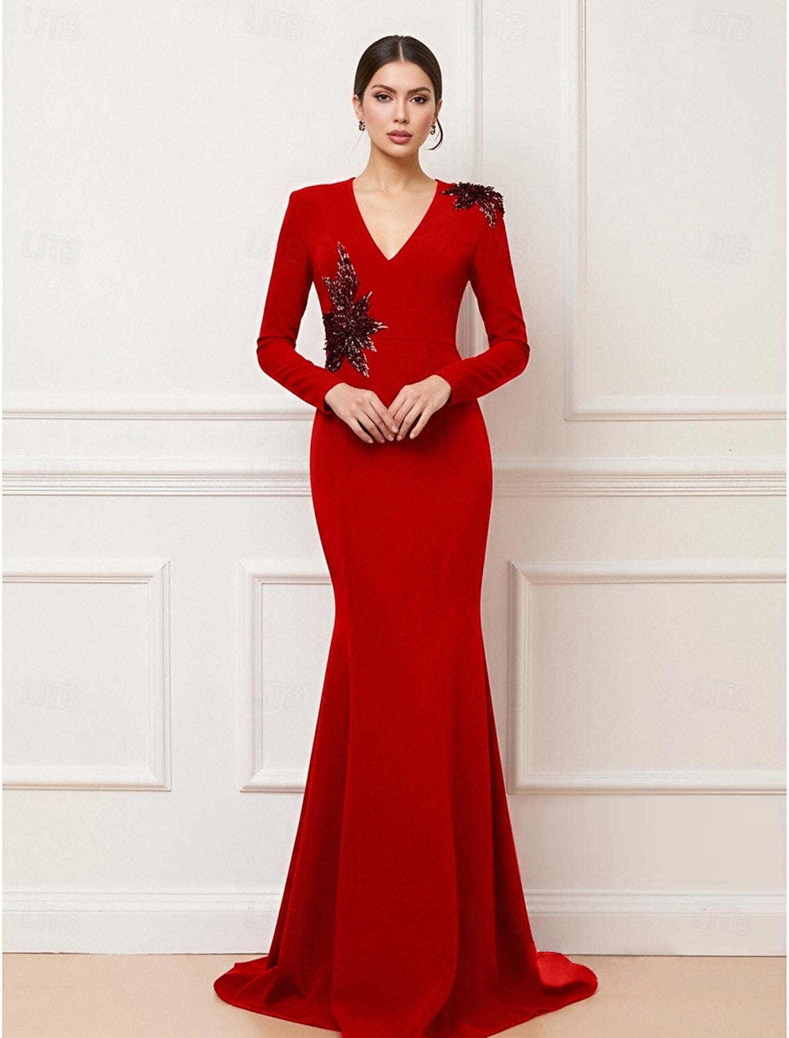 V-Neck Long Sleeve Sequins Applique Mermaid Floor-Length Evening Dress