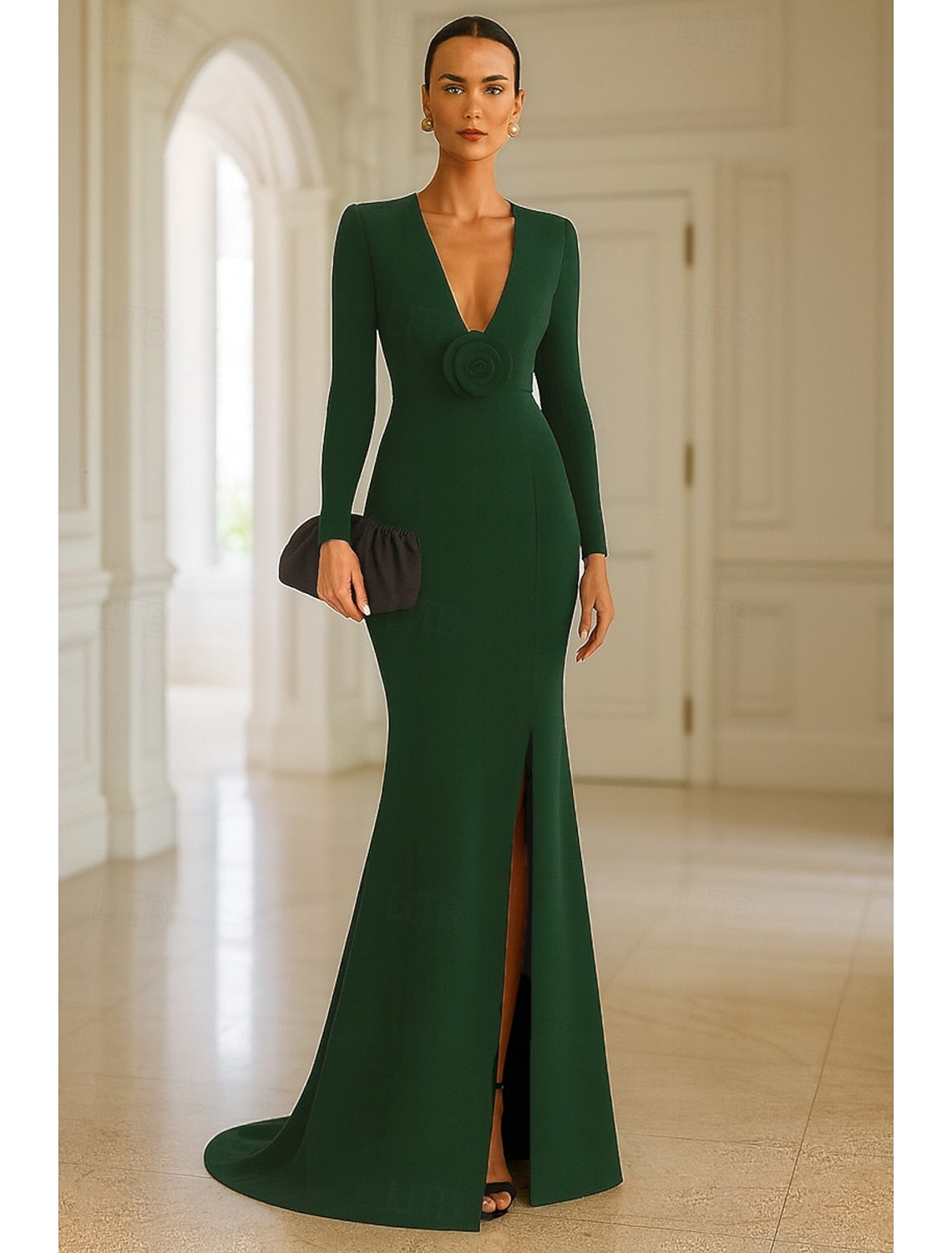 Flower V-Neck Long Sleeve Mermaid Side Slit Floor-Length Evening Dress