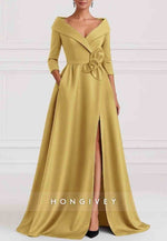 A-Line 3/4 Sleeve V-Neck Stretch Satin Evening Gown with Pocket and High Slit
