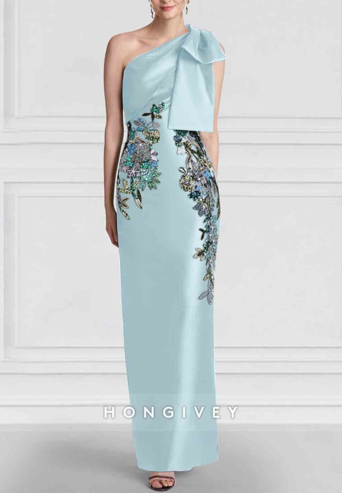 Black Floral Column Elegant Embroidered Dress One Shoulder Satin Evening Gown with Bow