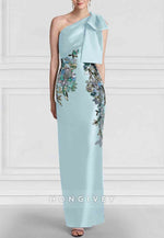 Black Floral Column Elegant Embroidered Dress One Shoulder Satin Evening Gown with Bow